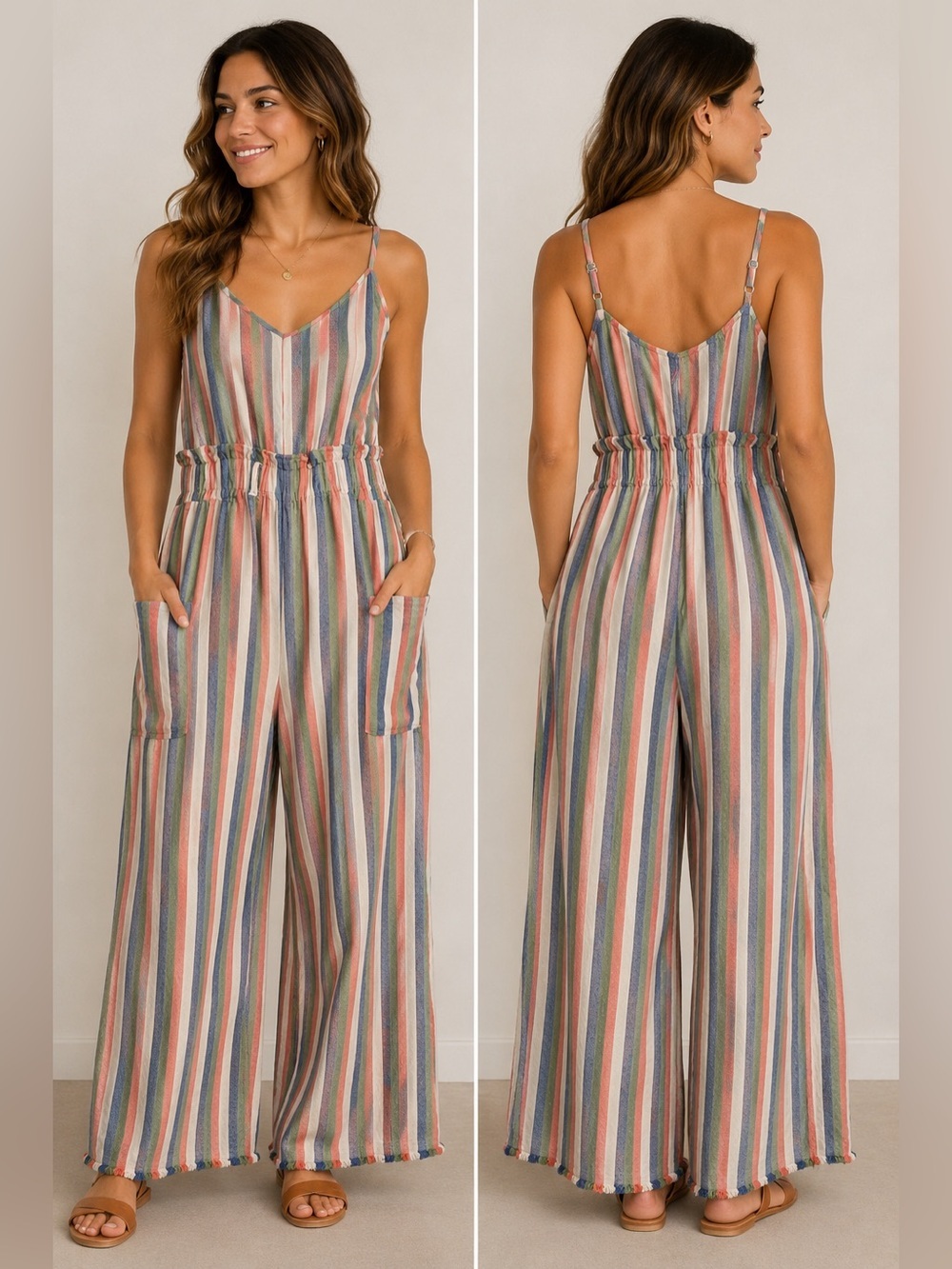 dip Jumpsuit Coastal Linen Rayon Striped Wide-Leg Mediterranean Boho Medium 1X